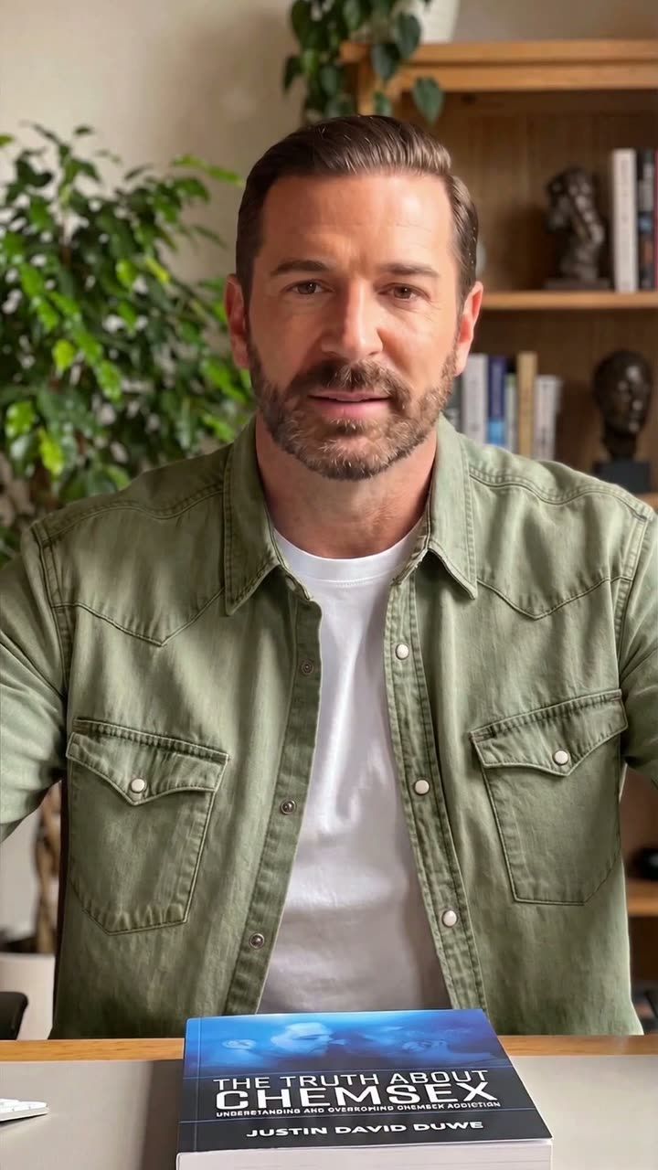 Justin Duwe seated at his desk with a copy of The Truth About Chemsex in front of him